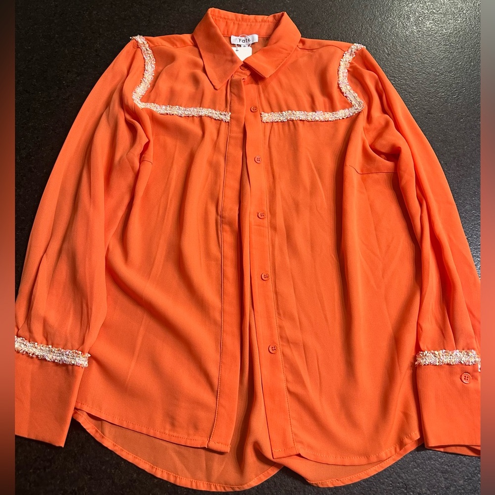 Orange with white Trim sheer button up blouse-Tennessee Vols Gameday Sz Small
